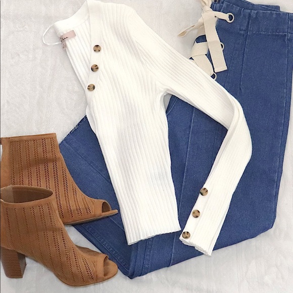 Cream Button Long Sleeve Sweater - Picture 2 of 3